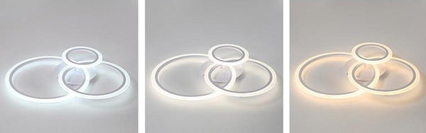 Lights of Scandinavia - Olympia - Modern simple white LED ceiling light. Fits most rooms and creates a harmonic atmosphere with the possibility to change lighting features with remote control Aluminum body and frame, acrylic LED covers.   Application: Living room, Bedroom, Hall, Lobby, Hallway, Aisle, Balcony etc.     Olympia comes in 3 different sizes:  Single circle - D40cm, 5-8m2  Two circles - D30cm x D50cm, 8-12m2  Three circles - D20cm x D30cm x D40cm, 12-18m2 D30cm x D40cm x D50cm, 18-22m2 D40cm x D50cm x D60cm  Height: 12cm