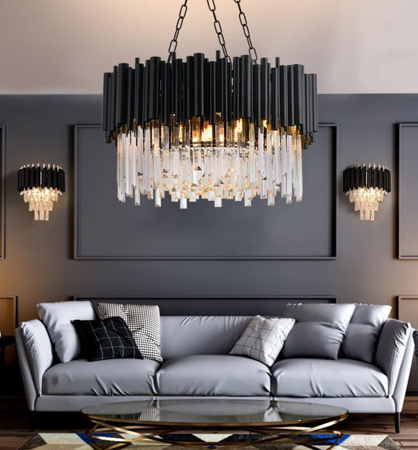 Grand luxurious crystal chandelier. Round black framework combined with luxury K9 crystals and modern LED light sources. A modern heart encapsulated in classic design. Perfect for refining dining rooms, living areas, hallways, entrance halls, etc. 4 sizes - 45-100cm Two emitting colors - Warm light(3000K), Cool light(6000K) Black modern chandelier lighting for living room luxury round crystal lamp home decoration chain led cristal light fixtures
