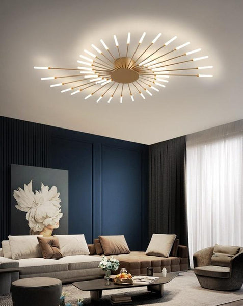 Lights of Scandinavia - Macig Wand - Ceiling mounted LED chandelier. Fits most rooms - livingrooms, bedrooms etc. Creates a bright yet harmonic atmosphere with a magic warm diffuse cascade.   Iron body and frame, frosted glass ends.  Warm light.  Magic Wand comes in 6 different sizes: 12 Heads - 12W, Diameter 80cm, Height 7cm, 8-12m2